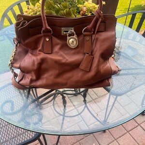 Michael Kors Brown and Gold Leather Satchel with Structured Design